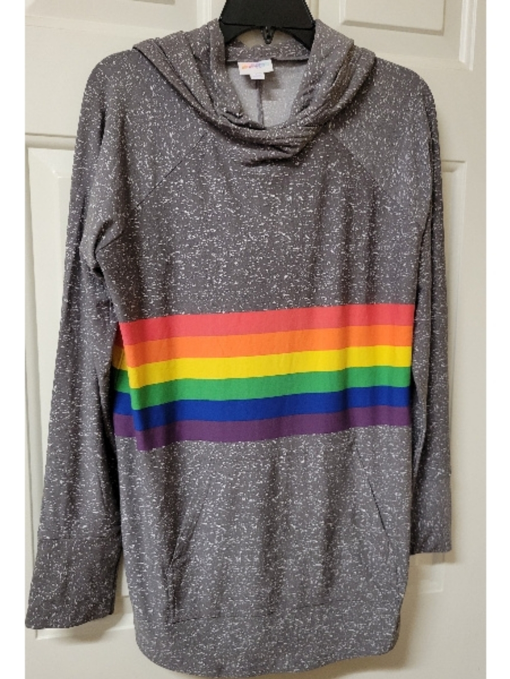 Lularoe Amber Hoodie RARE unicorn Rainbow Stripe Pride L LARGE Slinky Scuba NWOT